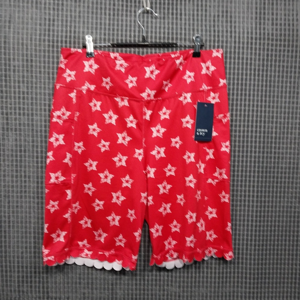 Crown & Ivy Womens Biker Shorts Star Print Scalloped Hem XL Red